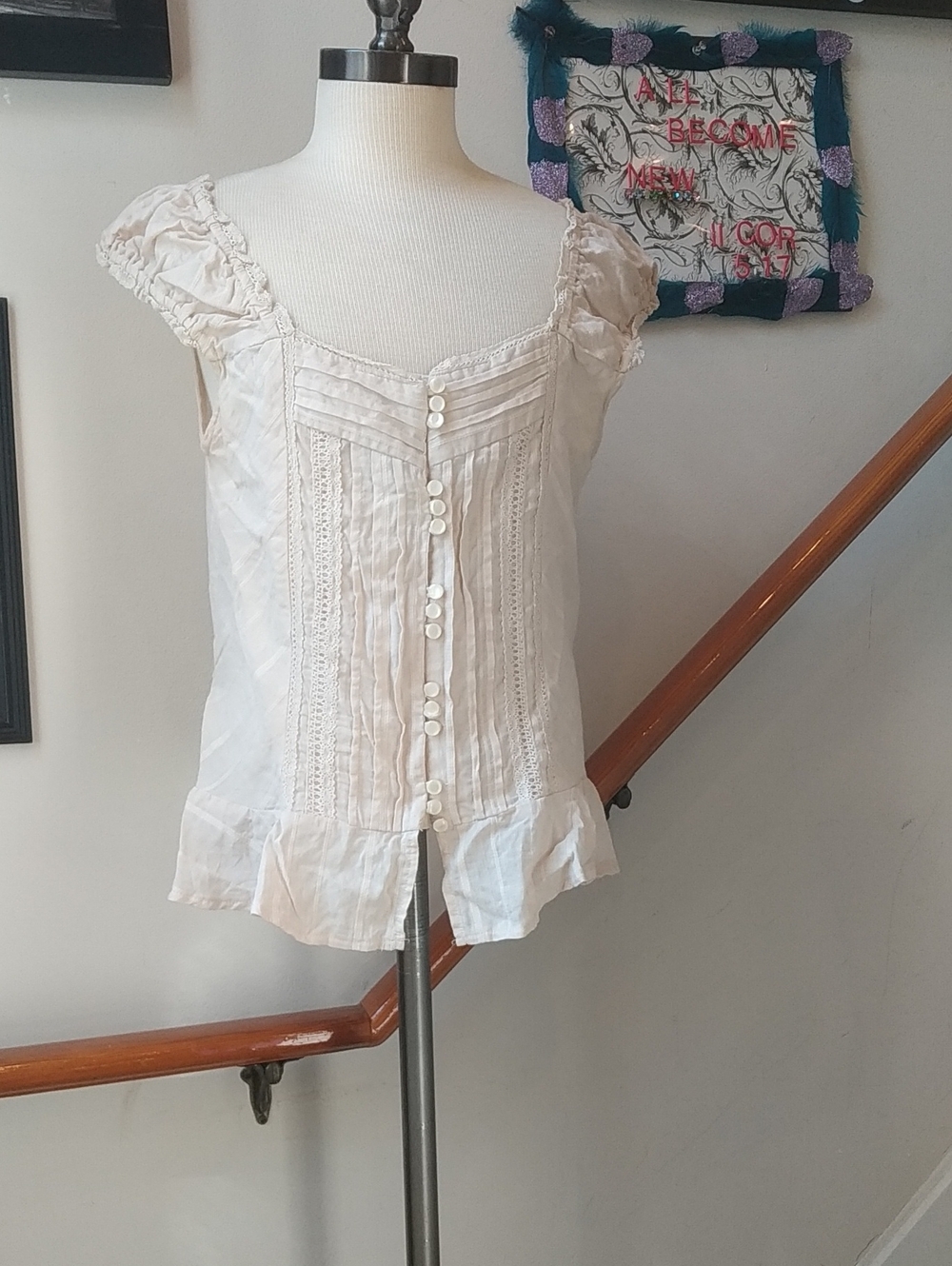 Ambiance Apparel Cream Pintuck Lace-Trim Button Blouse